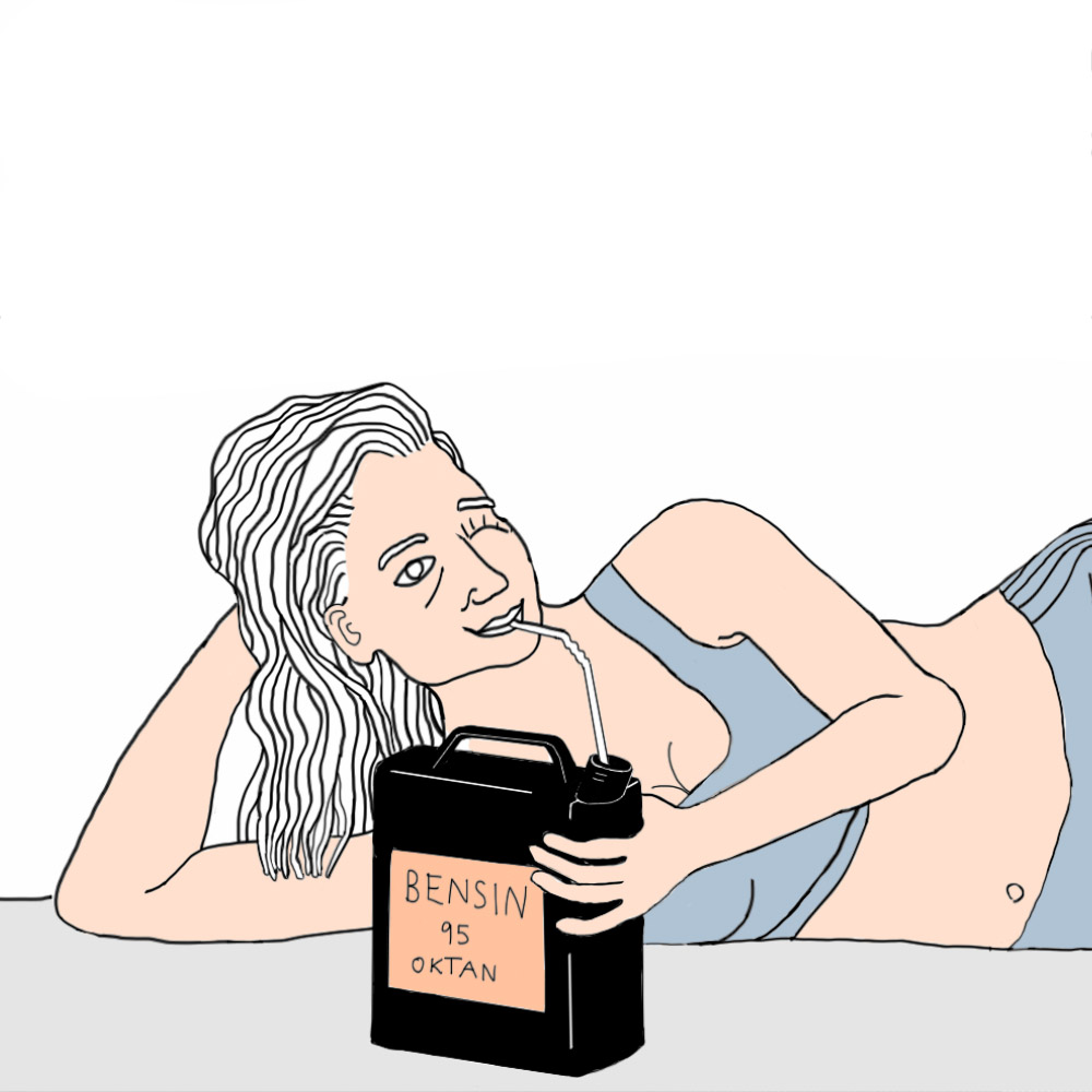 Kvinna dricker bensin, illustration till artikeln