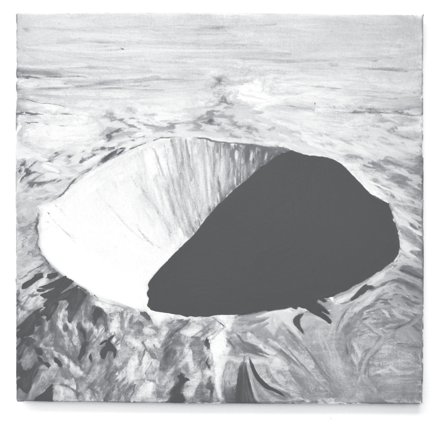 Illustration, en gråfärgad krater i kargt landskap