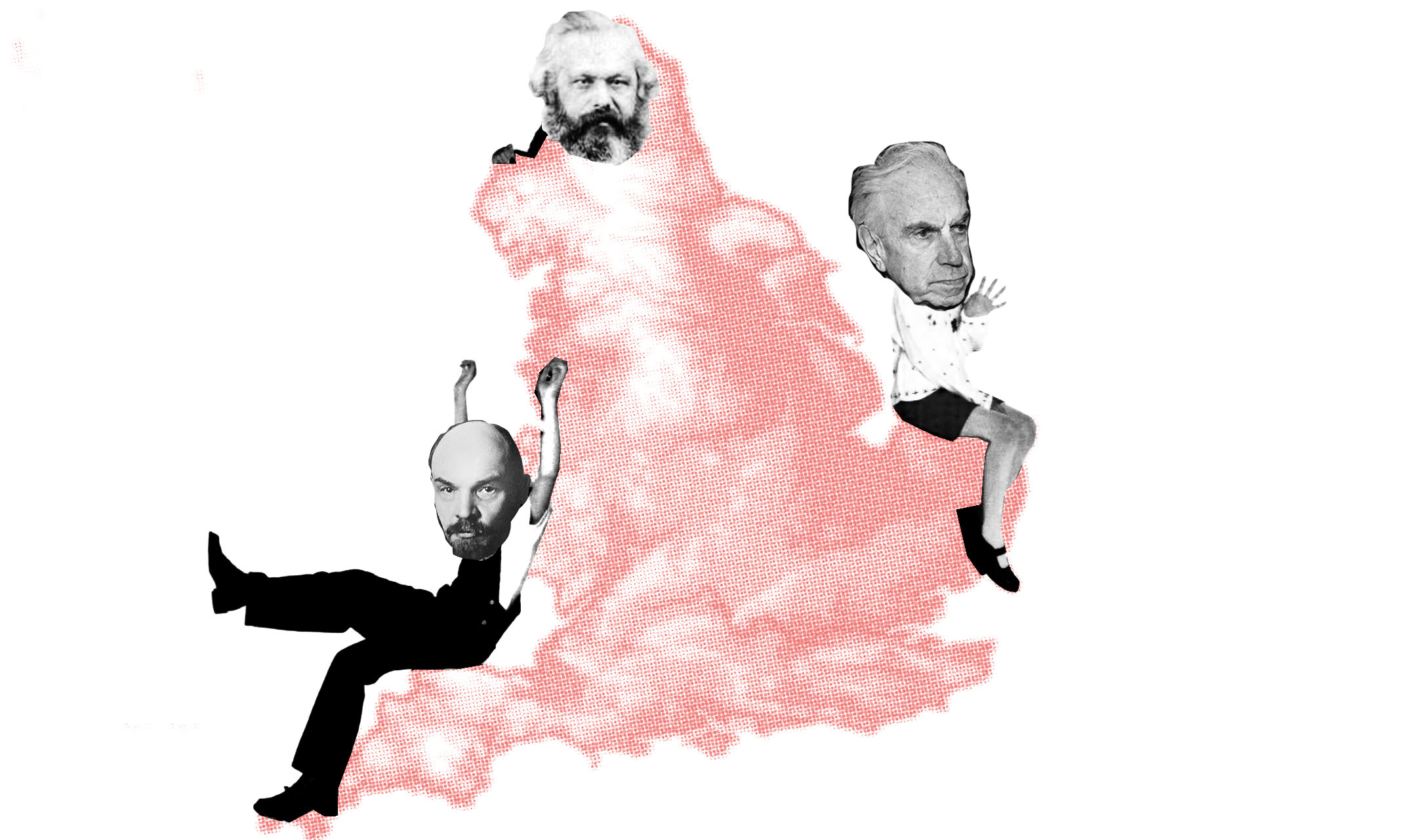 Bild på Lenin, Marx och Tronti som hänger runt på england.